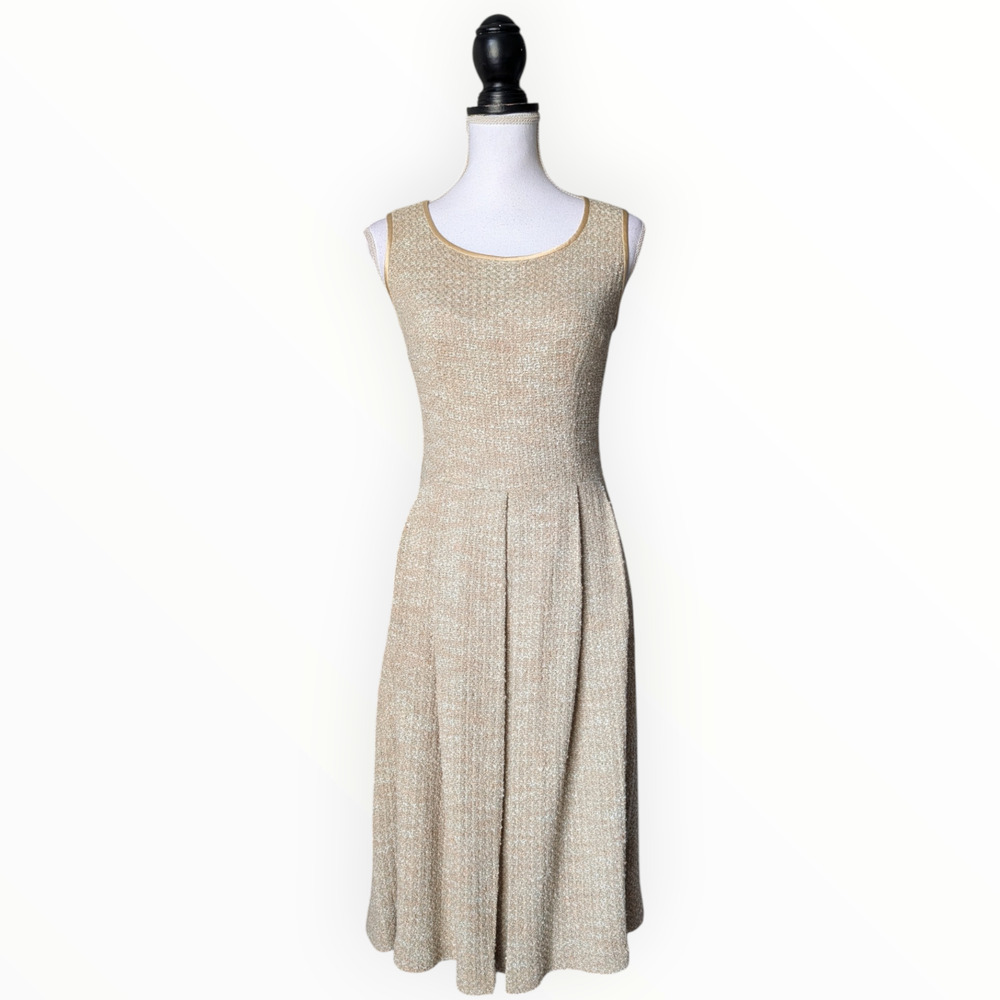 St John Collection Boucle Tweed Knit Gold Sage Green Skater Tank Dress Size 2